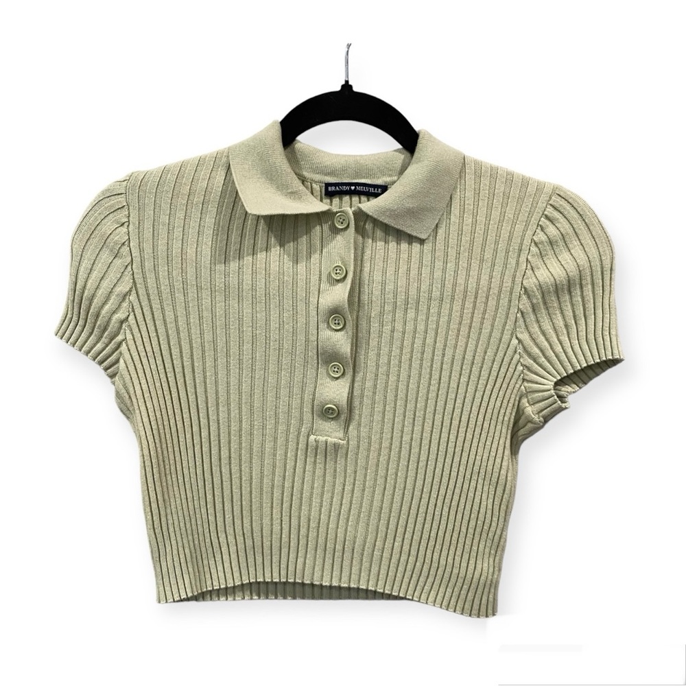 Brandy Melville Thick Ribbed Short Sleeve Collared Shirt Sage Green